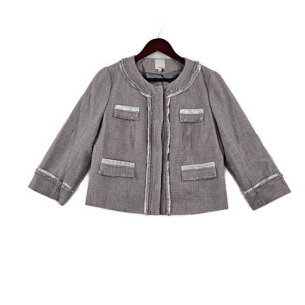 Halogen Womens Tweed Jacket Chain Accent Snap Button Gray Silver Large‎
